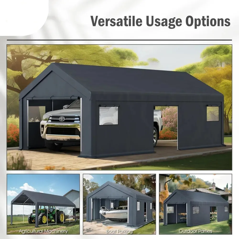 13x24FT Heavy-Duty Portable Garage & Storage Shelter – Outdoor Carport with Removable Sidewalls, Doors & 4 Windows – All-Weather Vehicle & Equipment Protection