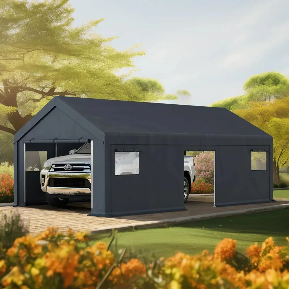 13x24FT Heavy-Duty Portable Garage & Storage Shelter – Outdoor Carport with Removable Sidewalls, Doors & 4 Windows – All-Weather Vehicle & Equipment Protection