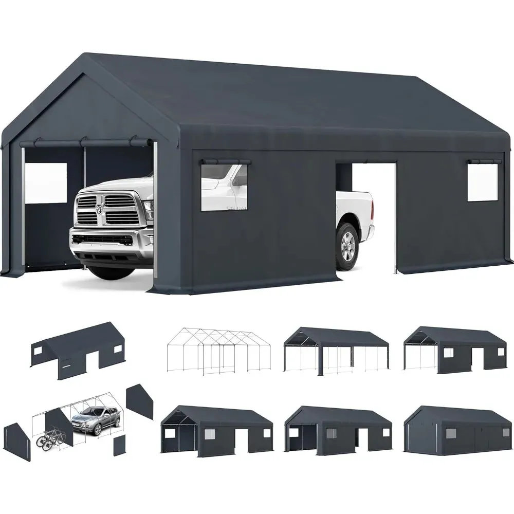 13x24FT Heavy-Duty Portable Garage & Storage Shelter – Outdoor Carport with Removable Sidewalls, Doors & 4 Windows – All-Weather Vehicle & Equipment Protection