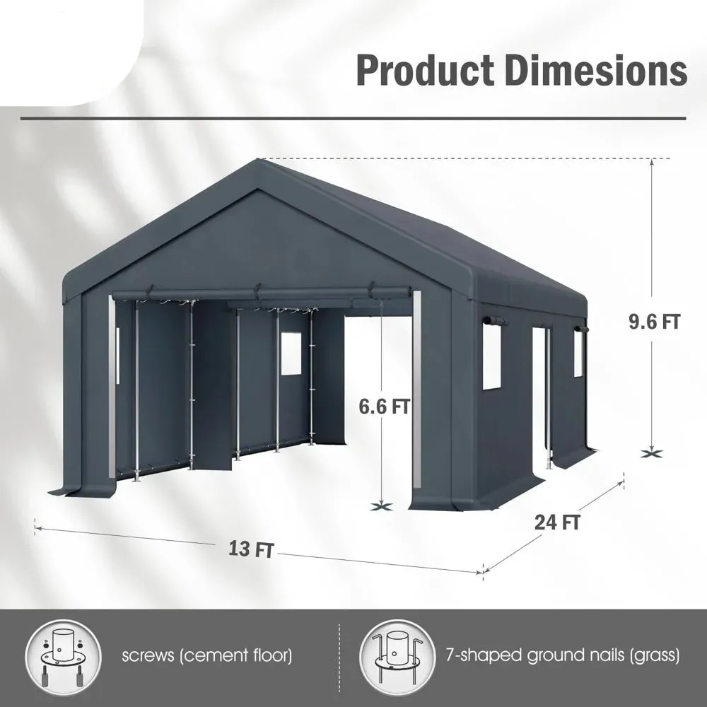 13x24FT Heavy-Duty Portable Garage & Storage Shelter – Outdoor Carport with Removable Sidewalls, Doors & 4 Windows – All-Weather Vehicle & Equipment Protection