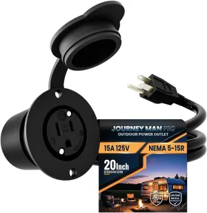 15A Weatherproof Outdoor Power Outlet by Journeyman-Pro 15 Amp 125 Volt NEMA 5-15R Receptacle Kit with Integrated 20" Inch Extension Cord   Waterproof Rubber Cover (GCR1-BLACK)