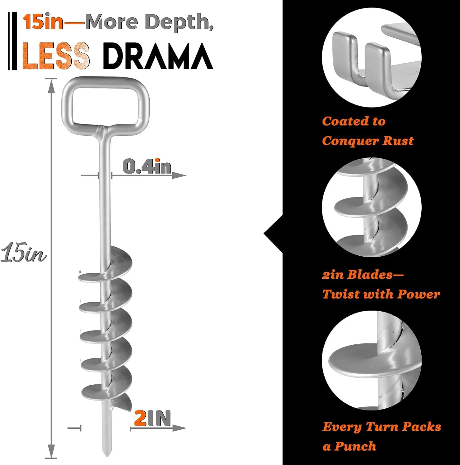 15in Screw in Tent Stakes for 2025 - Ground Anchors Screw in, with Tent Stakes Heavy Duty Adapter & 30ft Nylon Rope – Perfect for Tent Anchors, Ground Anchors Heavy Duty(Silver,6PCS)