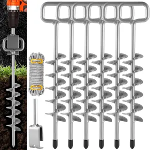 15in Screw in Tent Stakes for 2025 - Ground Anchors Screw in, with Tent Stakes Heavy Duty Adapter & 30ft Nylon Rope – Perfect for Tent Anchors, Ground Anchors Heavy Duty(Silver,6PCS)