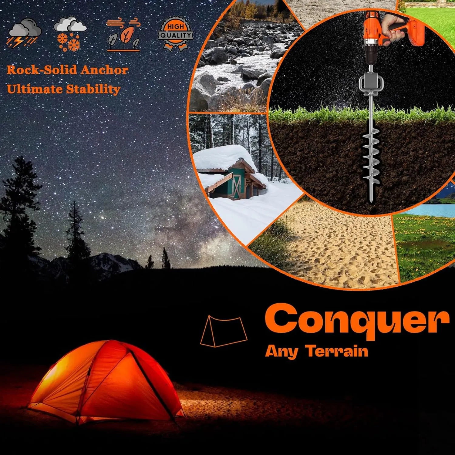 15in Screw in Tent Stakes for 2025 - Ground Anchors Screw in, with Tent Stakes Heavy Duty Adapter & 30ft Nylon Rope – Perfect for Tent Anchors, Ground Anchors Heavy Duty(Silver,6PCS)