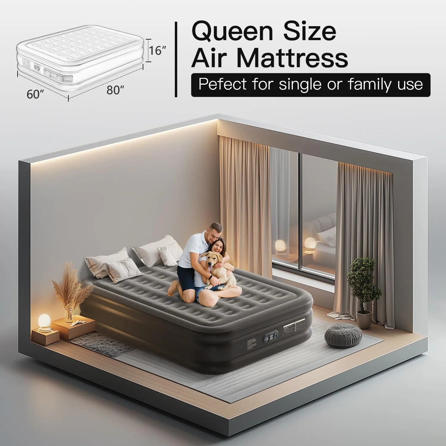 16" Air Mattress Queen with Built in Pump, Blow Up Mattress in 3 Mins, Luxury Air Bed for Guests, Self Inflating Air Mattress in Camping