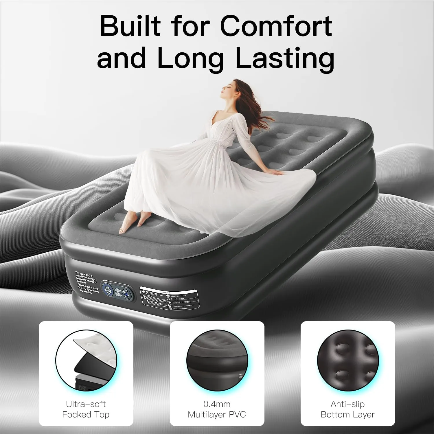 16" Air Mattress Queen with Built in Pump, Blow Up Mattress in 3 Mins, Luxury Air Bed for Guests, Self Inflating Air Mattress in Camping