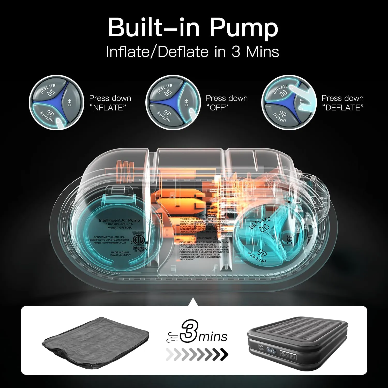 16" Air Mattress Queen with Built in Pump, Blow Up Mattress in 3 Mins, Luxury Air Bed for Guests, Self Inflating Air Mattress in Camping