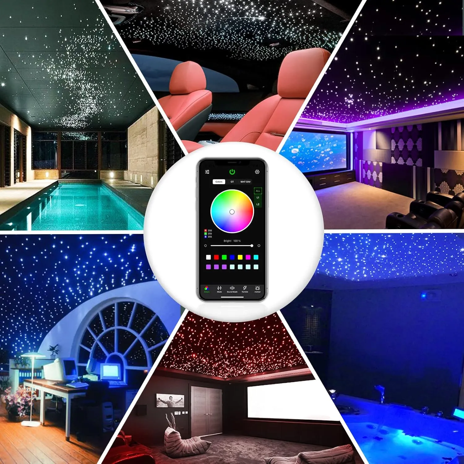 16W Twinkle Starlight Headliner Kit, 550pcs*0.03in*9.8ft Fiber Optic Strands Bluetooth APP/Remote/Music Control, RGBW Car Star Ceiling Light Kit Adapter Car Use Plug for Car/Home/Theater
