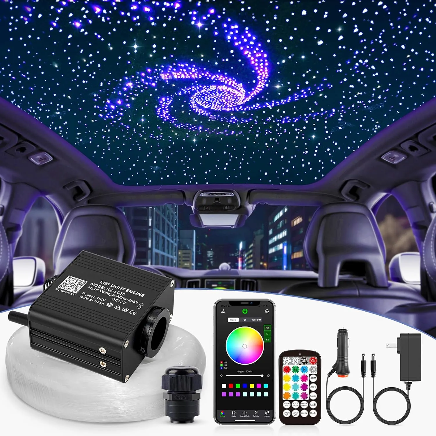 16W Twinkle Starlight Headliner Kit, 550pcs*0.03in*9.8ft Fiber Optic Strands Bluetooth APP/Remote/Music Control, RGBW Car Star Ceiling Light Kit Adapter Car Use Plug for Car/Home/Theater