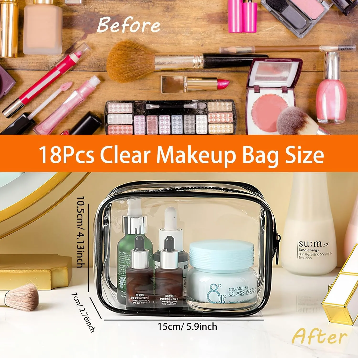 18 Pieces Clear Cosmetics Bag Bulk, TSA Approved Toiletry Bag for Travel, Clear PVC Zippered Cosmetic Makeup Pouch, Waterproof Vinyl Plastic Organizer Case for Vacation Bathroom (Small)