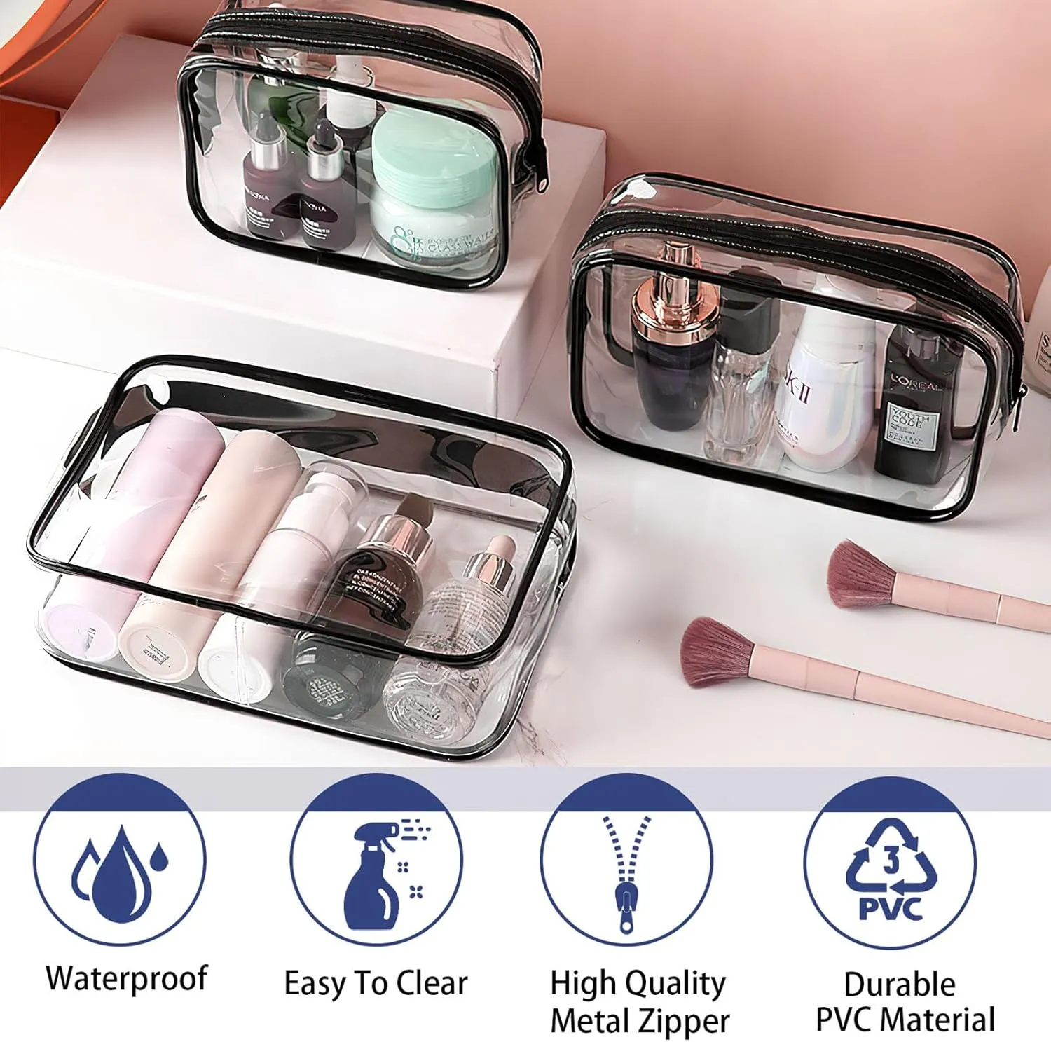 18 Pieces Clear Cosmetics Bag Bulk, TSA Approved Toiletry Bag for Travel, Clear PVC Zippered Cosmetic Makeup Pouch, Waterproof Vinyl Plastic Organizer Case for Vacation Bathroom (Small)