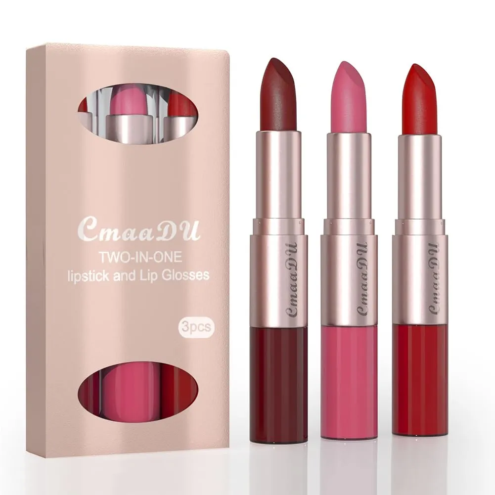 2-In-1 Matte Lipstick and Lip Gloss 3Pcs Set Kit Waterproof Long Wear Matte Red Lipstick with Lip Tint Set, Matte Finish (A(4,5,6))