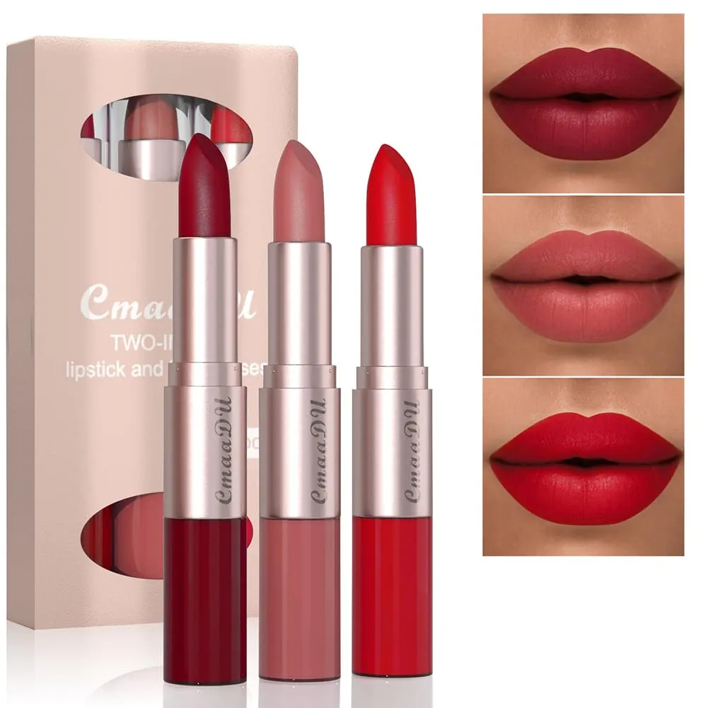 2-In-1 Matte Lipstick and Lip Gloss 3Pcs Set Kit Waterproof Long Wear Matte Red Lipstick with Lip Tint Set, Matte Finish (B(10,11,12))