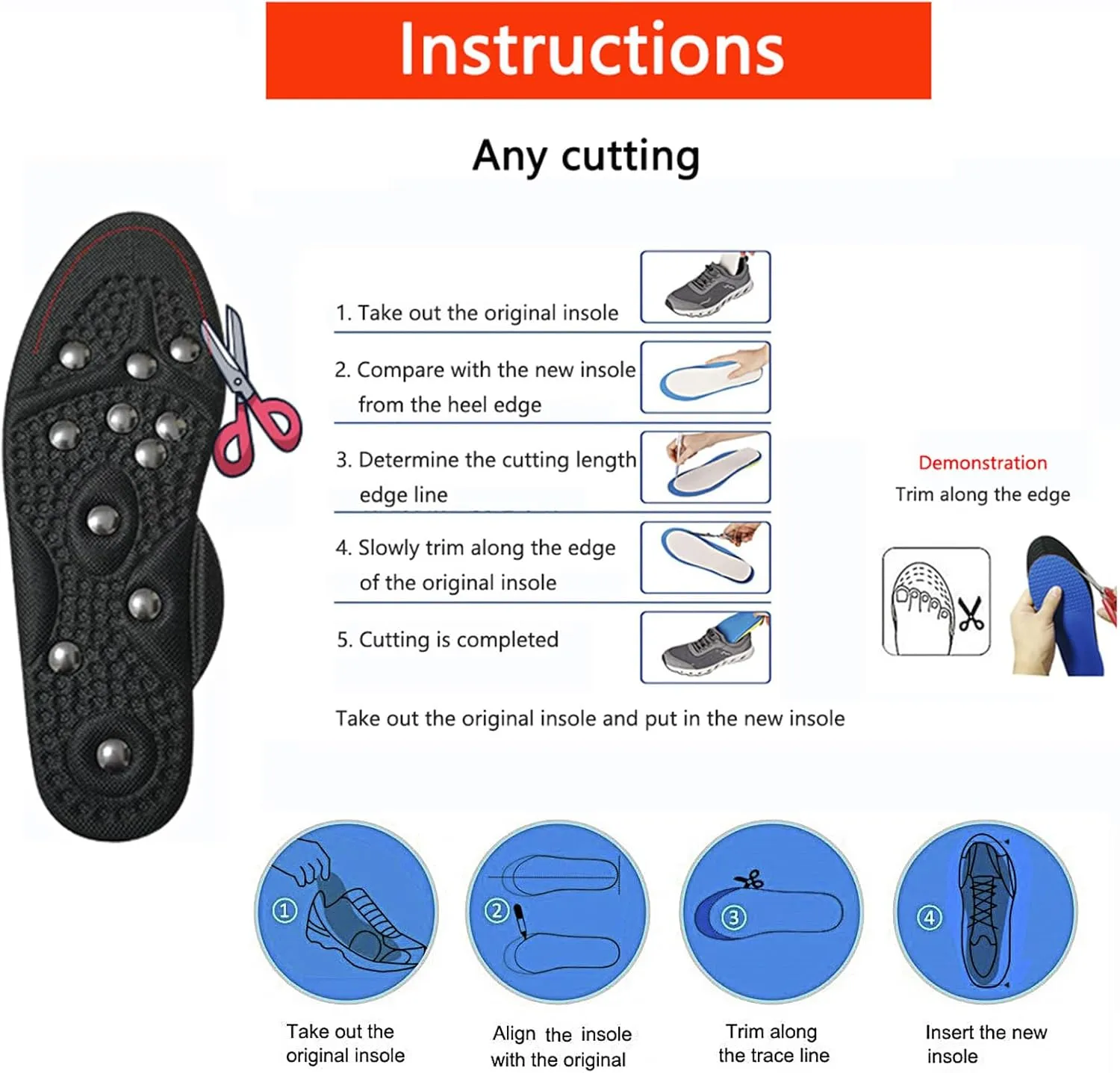 2 Pairs Magnetic Insoles Breathable Massage Insoles Acupressure Insoles, Pressure Point Reflexology Insole Orthopedic Insoles, Anti Fatigue Massage Therapy, Relieve Pain,S,2 Pairs