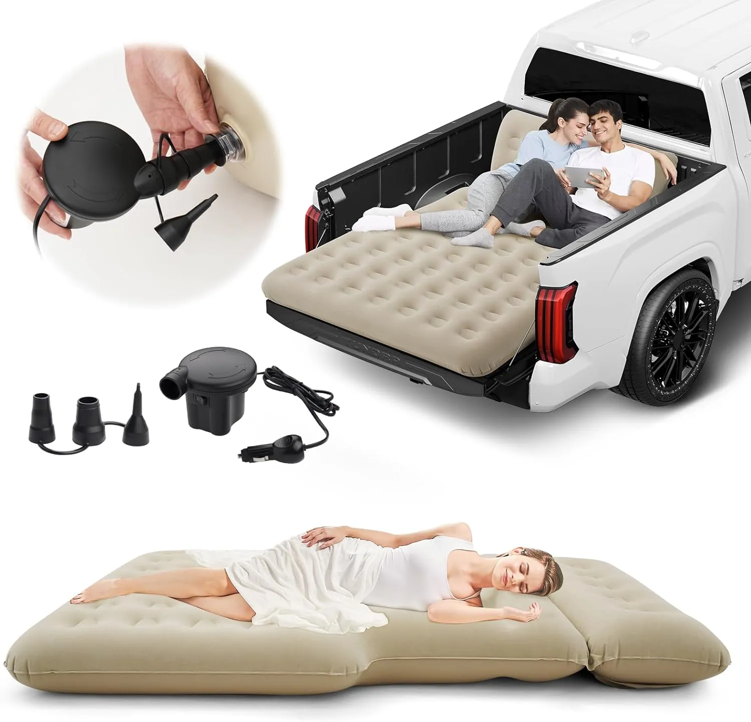 2025 Upgraded T*ruck Bed Air Mattress for 5.5-6.5Ft Full-Size Inflatable Mattress Short Truck Beds with Built-in Pillow Adjustable Air Mattress for Camping,Home,Truck Tent Accessories(Beige)