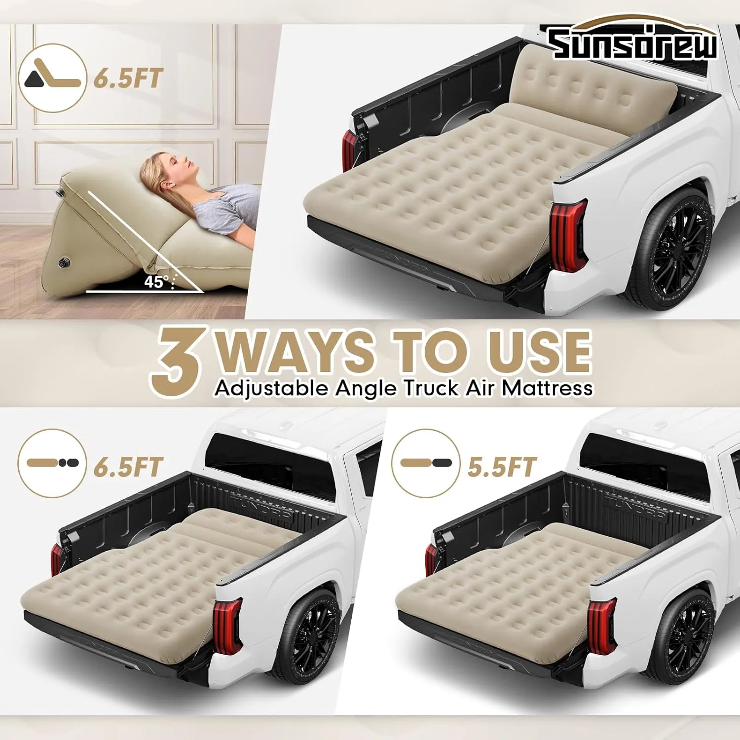 2025 Upgraded T*ruck Bed Air Mattress for 5.5-6.5Ft Full-Size Inflatable Mattress Short Truck Beds with Built-in Pillow Adjustable Air Mattress for Camping,Home,Truck Tent Accessories(Beige)