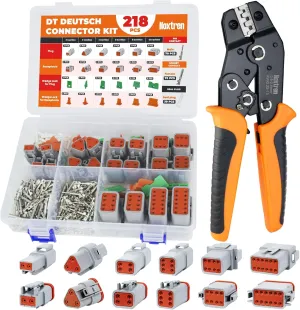 218PCS 12 Kits DT Deutsch Connector Kit with Ratcheting Wire Crimper, 2/3/4/6/8/12 Pin IP68 Waterproof Automotive Electrical Connectors, Size 16 Stamped Contacts for Car Truck Boat Motorcycle