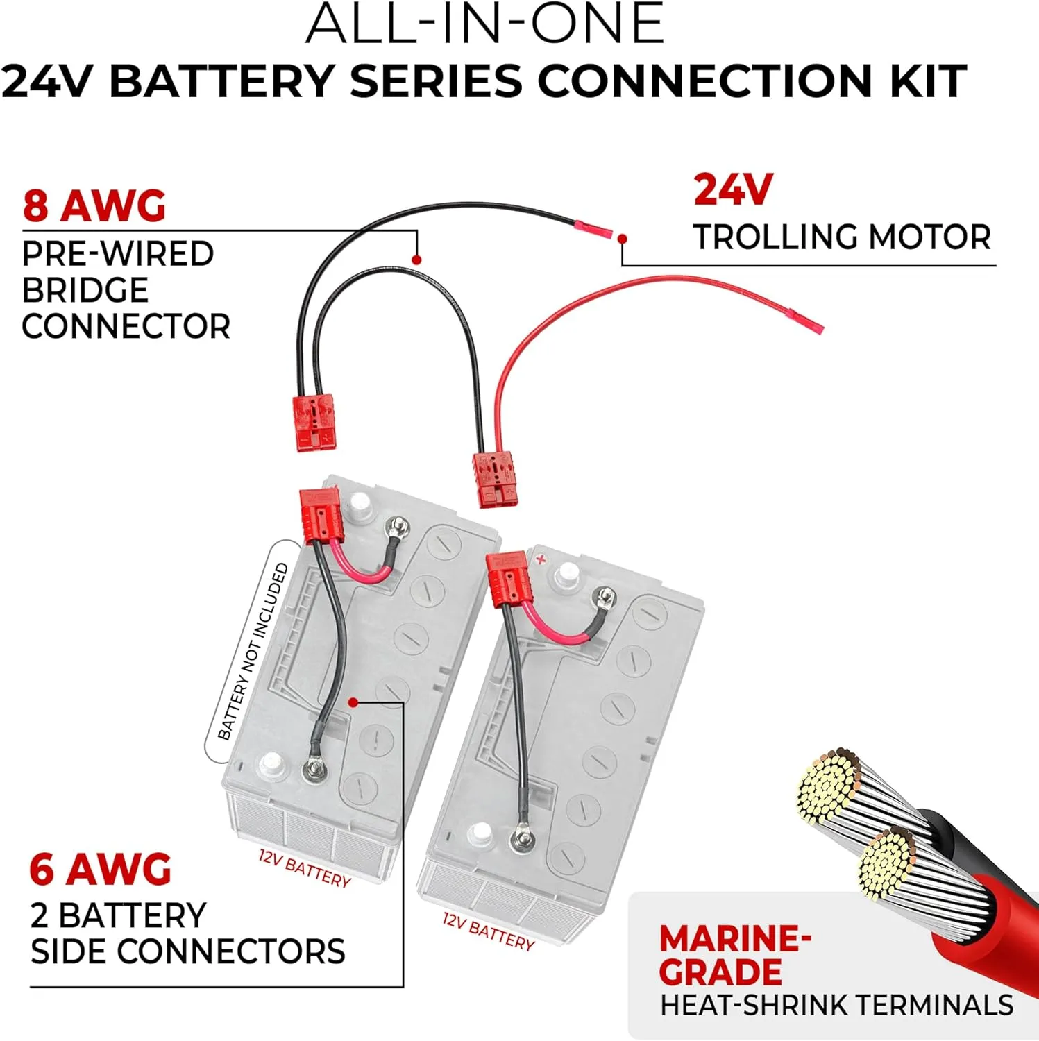 24V Trolling Motor Quick Connect/Disconnect Kit RCE24VBK | Plug and Play Boat Wiring Kit for Two 12V Batteries in Series | 8 AWG Marine Grade Wire | Lithium Compatible