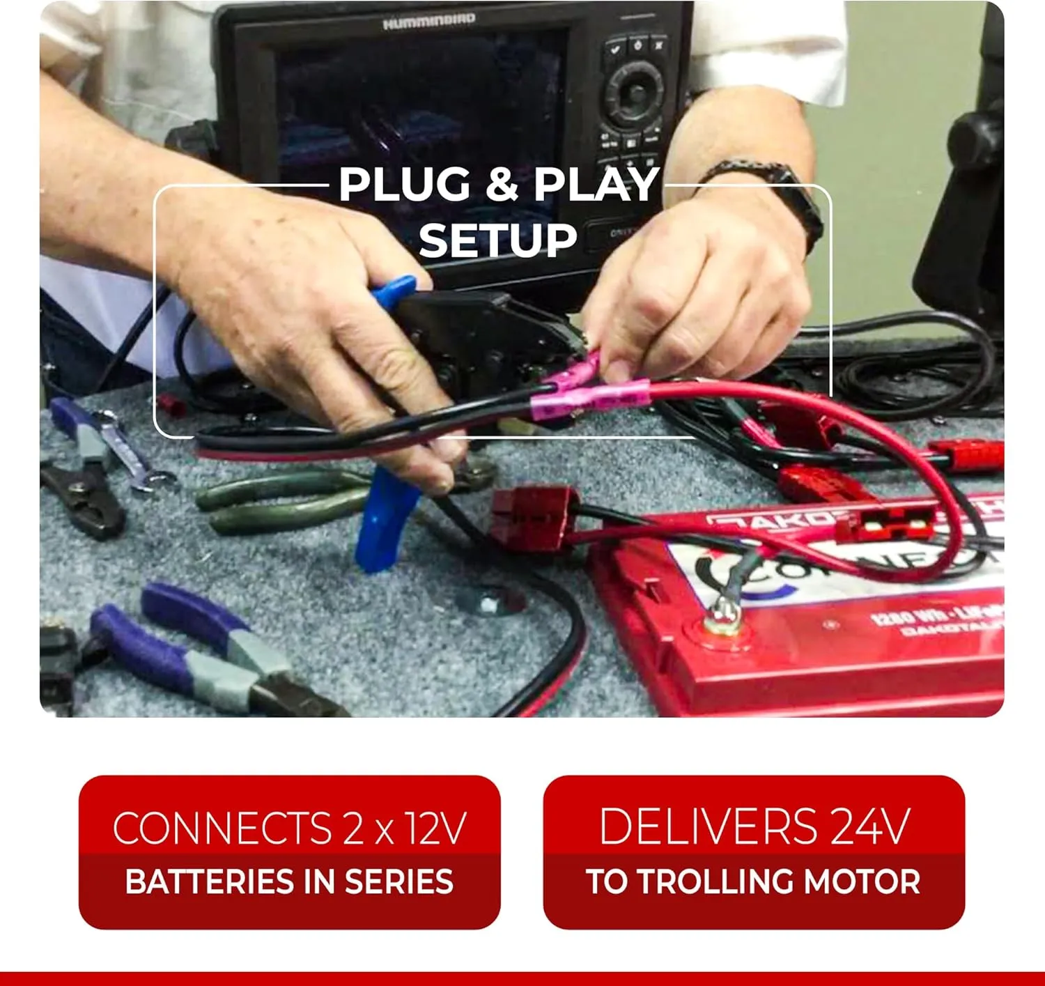 24V Trolling Motor Quick Connect/Disconnect Kit RCE24VBK | Plug and Play Boat Wiring Kit for Two 12V Batteries in Series | 8 AWG Marine Grade Wire | Lithium Compatible