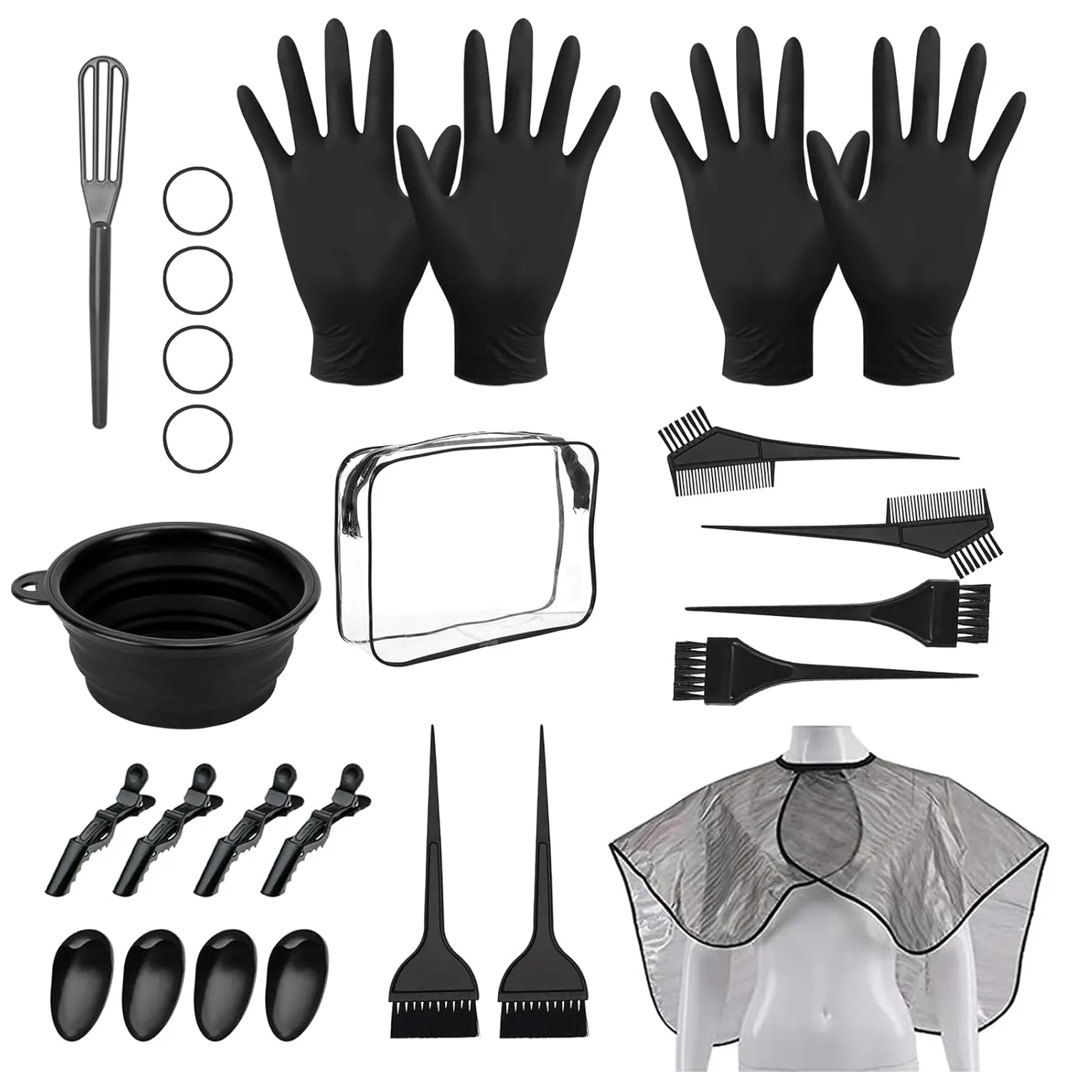 26PCS Hair Dye Coloring Kit, Professional Hair Bleach Kit, Hair Coloring Products, Gloves, Storage Bag, Rubber Band, Shawl, Clips, Brush, Bowl, Ear Cap, Mixing Spoon, Black