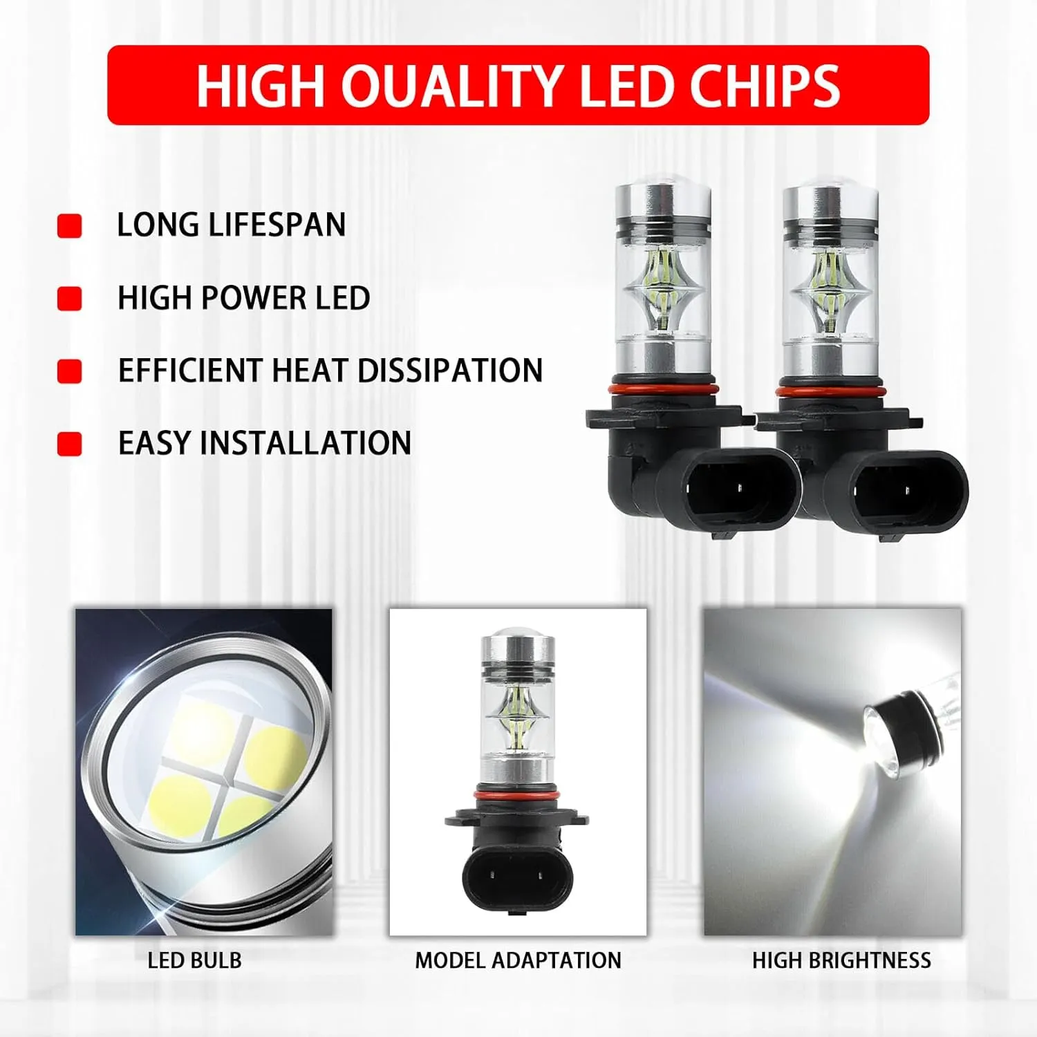 2PCS 9005/9006 LED Headlight Bulbs Fog Light Bulb, High and Low Beam Lights 12V 100W, 6500K Daytime Running lights, Front Light Replacement Kit for Most Vehicles (White)