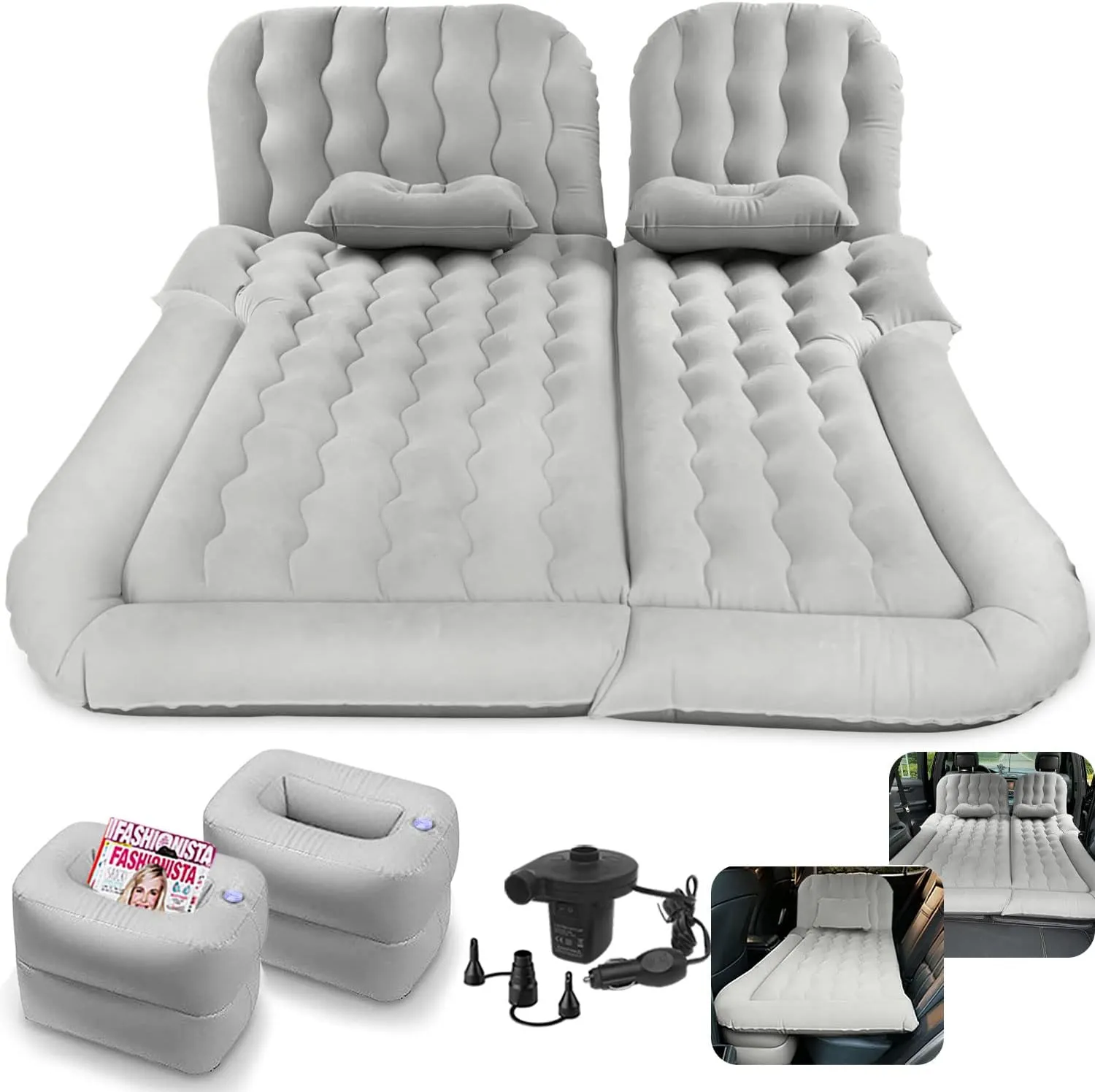 3 in 1 Car Air Mattress, SUV Mattress for Back Seat Cargo Area Car Mattress with Electric Air Pump-2 Support Fillers & 2 Pillows Fits SUV|MPV|Sedan|Minivan for Road Trip Camping Grey