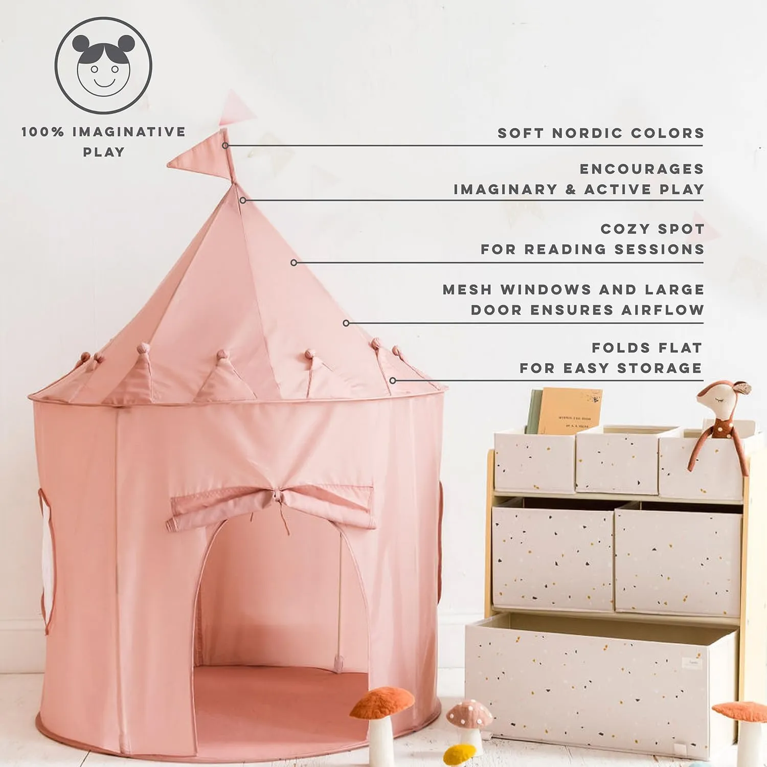 3 Sprouts Kids Play Tent - Sustainable Recycled Fabric – Fun Spacious Childs Playhouse for Indoor Games for Boys & Girls - Durable Fort Pop Up House for Toddlers & Children Age 3-10 - Pink