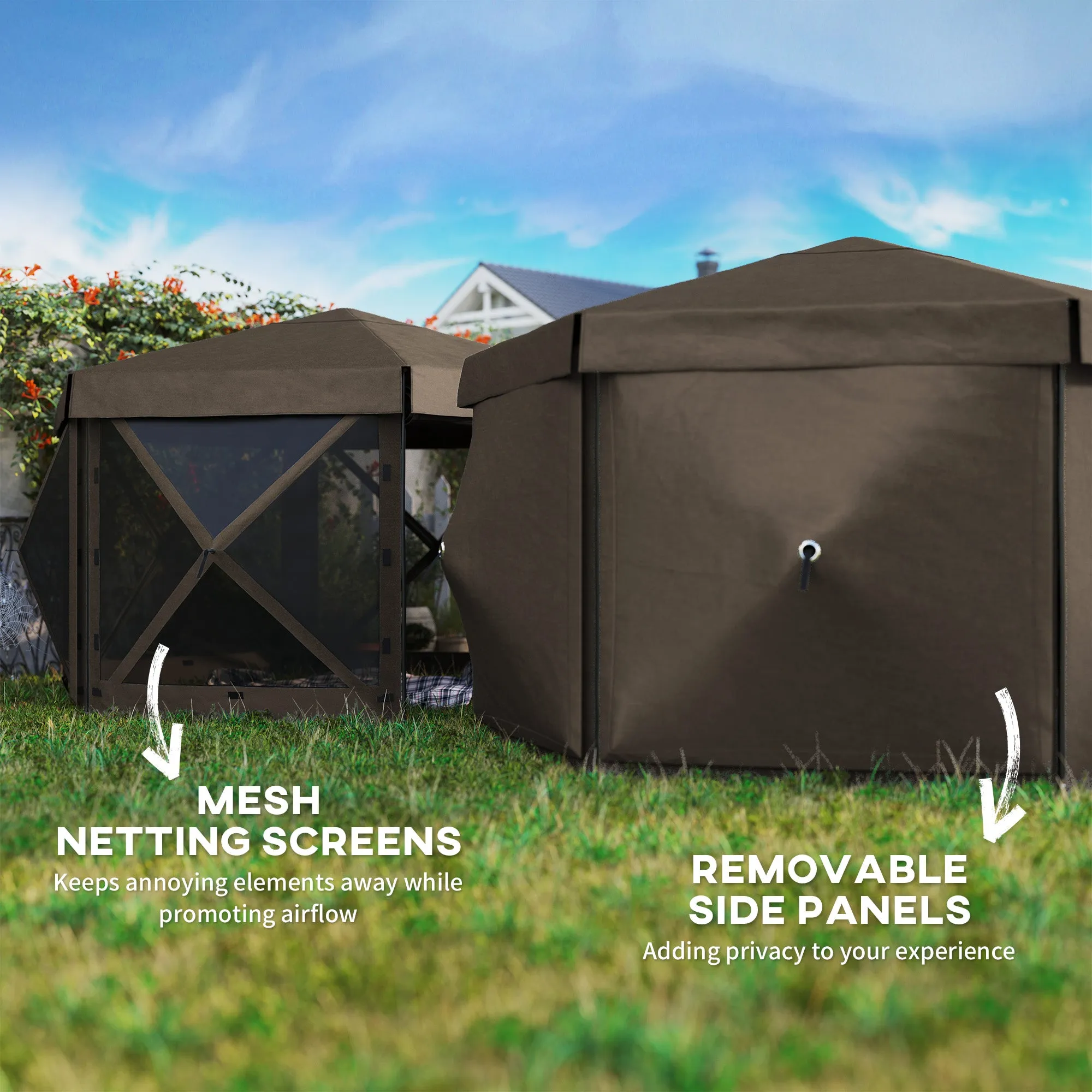 3 x 3(m) Hexagon Pop Up Gazebo with 5 Sides and Carry Bag, Waterproof, UV Resistant Party Tent Instant Event Shelter with Netting for Garden, Patio, Brown