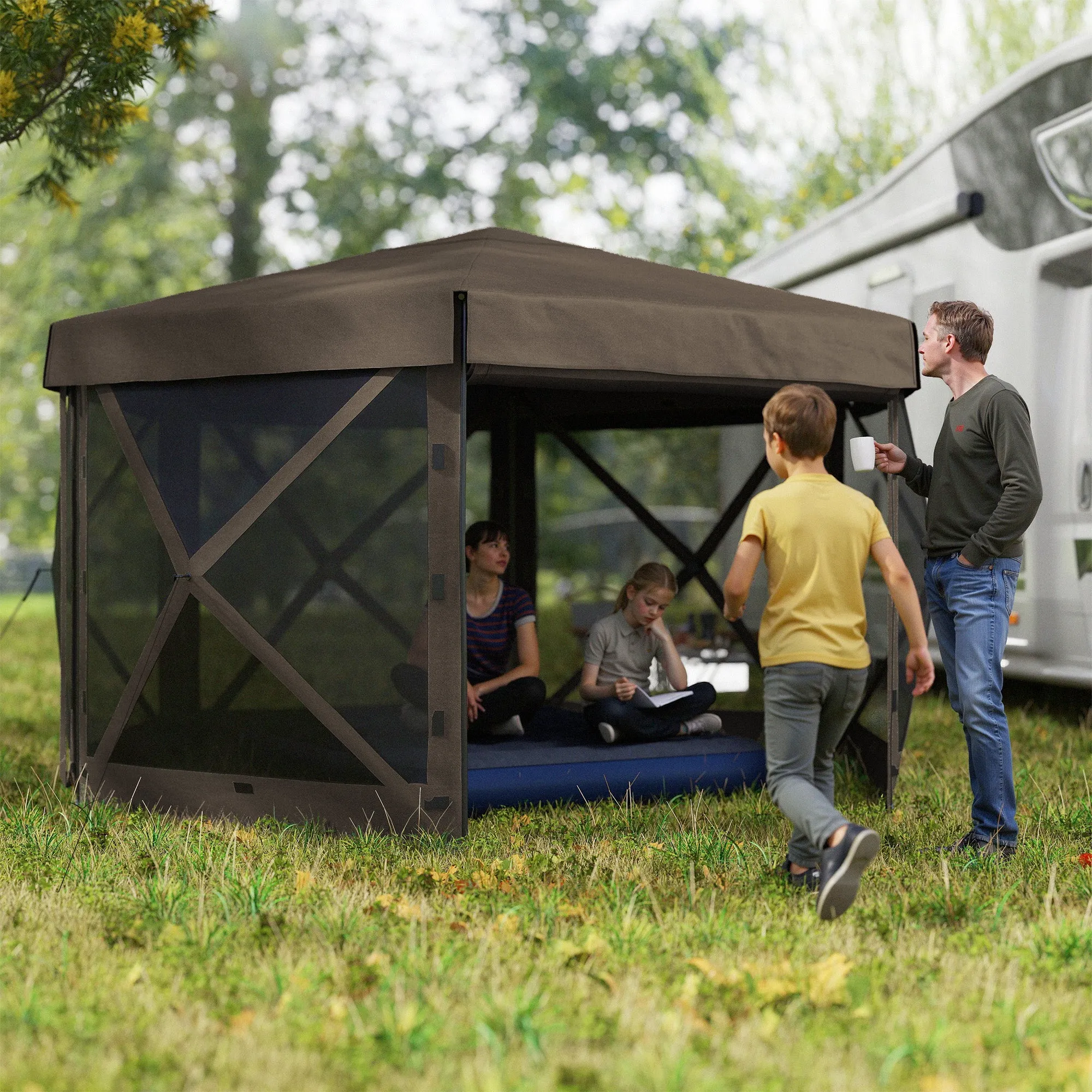3 x 3(m) Hexagon Pop Up Gazebo with 5 Sides and Carry Bag, Waterproof, UV Resistant Party Tent Instant Event Shelter with Netting for Garden, Patio, Brown