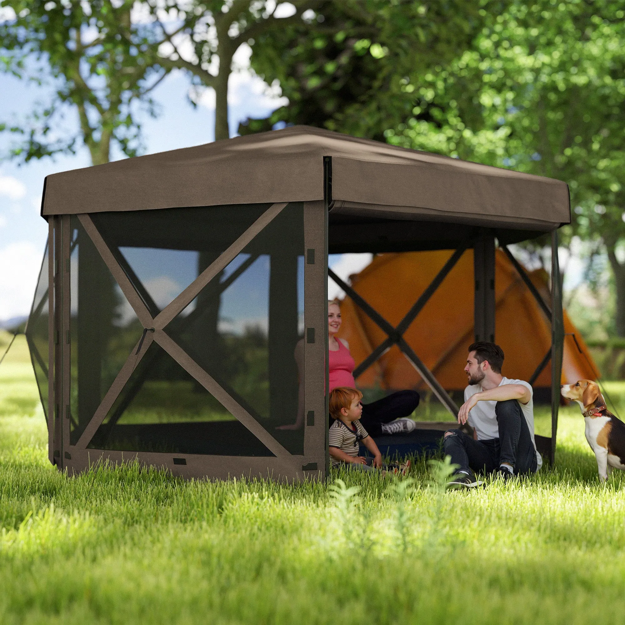 3 x 3(m) Hexagon Pop Up Gazebo with 5 Sides and Carry Bag, Waterproof, UV Resistant Party Tent Instant Event Shelter with Netting for Garden, Patio, Brown
