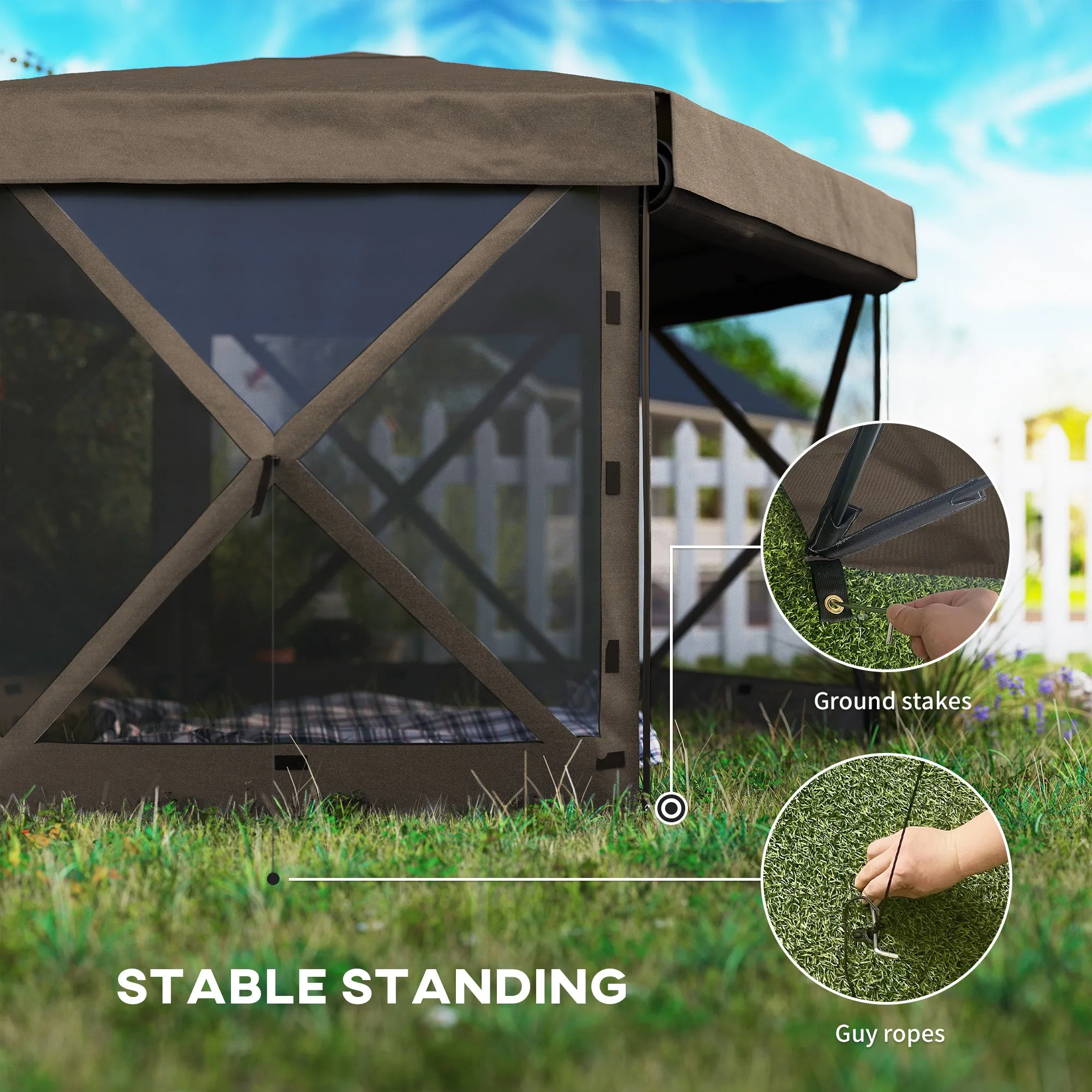 3 x 3(m) Hexagon Pop Up Gazebo with 5 Sides and Carry Bag, Waterproof, UV Resistant Party Tent Instant Event Shelter with Netting for Garden, Patio, Brown