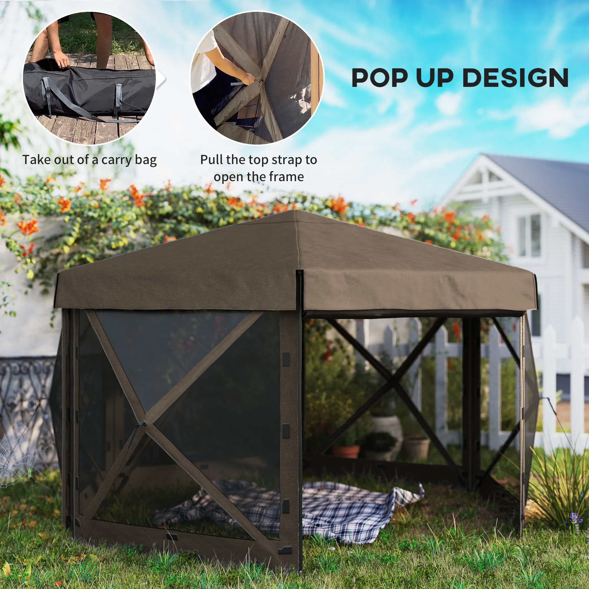 3 x 3(m) Hexagon Pop Up Gazebo with 5 Sides and Carry Bag, Waterproof, UV Resistant Party Tent Instant Event Shelter with Netting for Garden, Patio, Brown