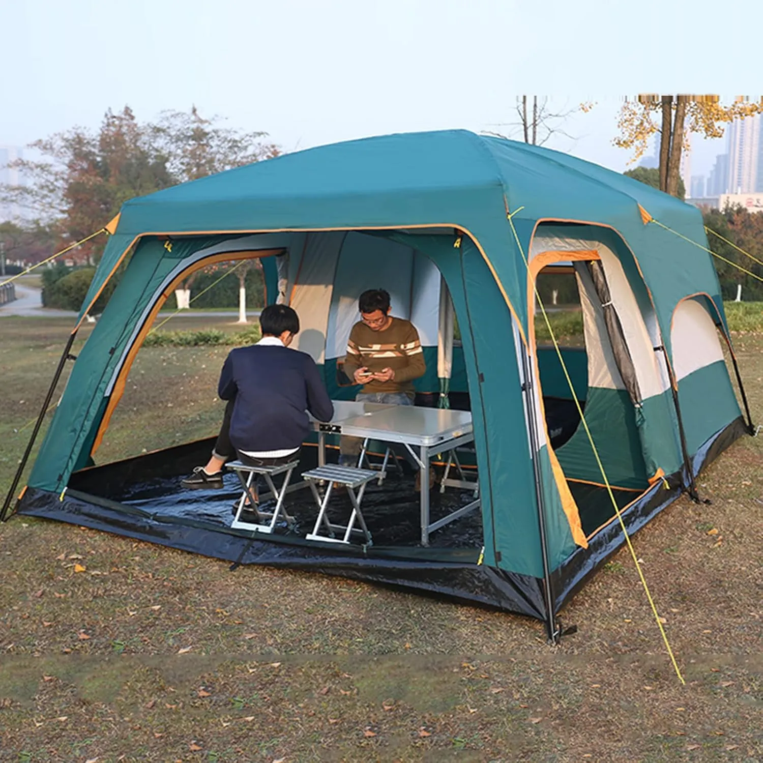 3/4/5/6m Camping Bell Tent 4-Season Family Tent Outdoor Hiking Hunting Yurt Tent with Zipped Groundsheet and Chimney