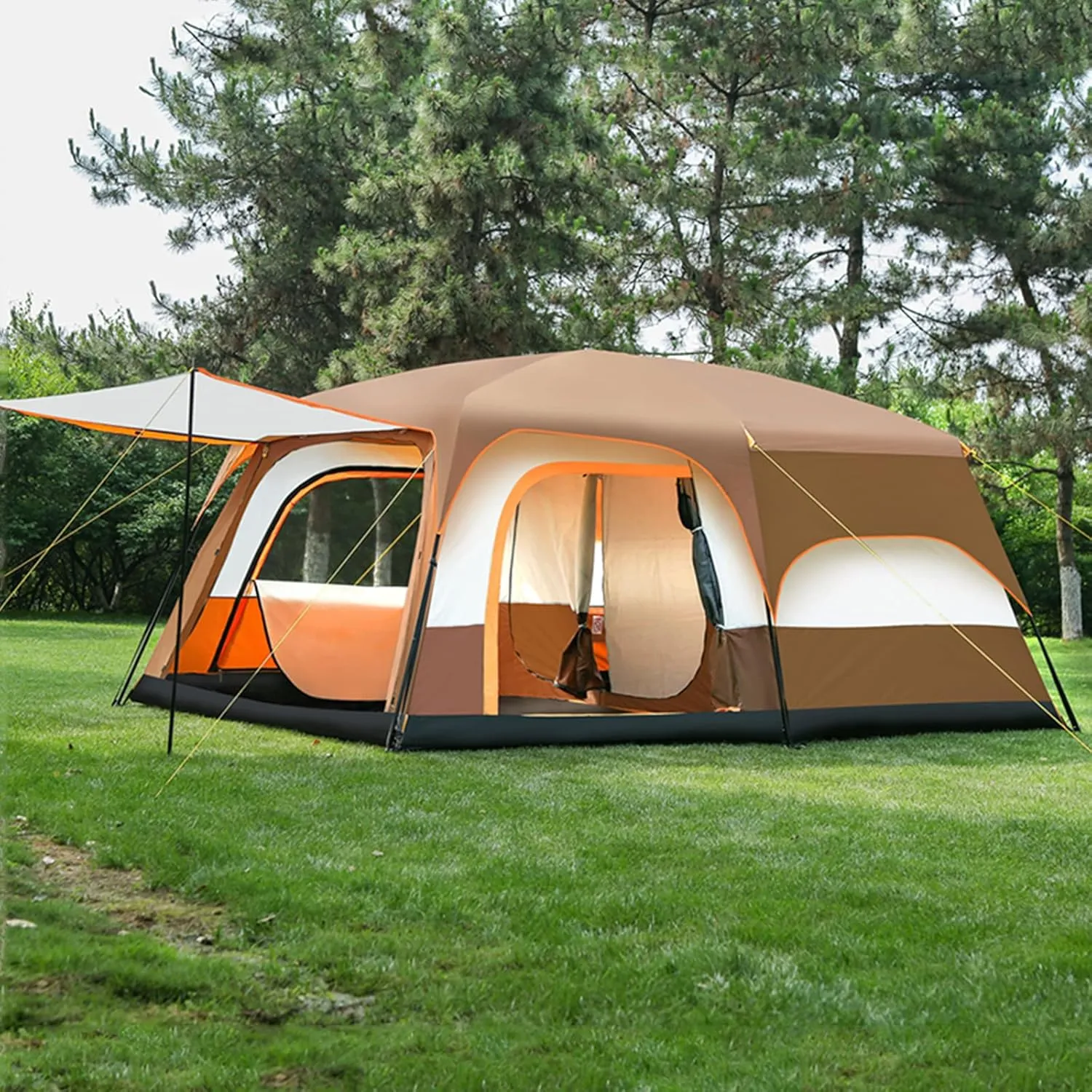 3/4/5/6m Camping Bell Tent 4-Season Family Tent Outdoor Hiking Hunting Yurt Tent with Zipped Groundsheet and Chimney