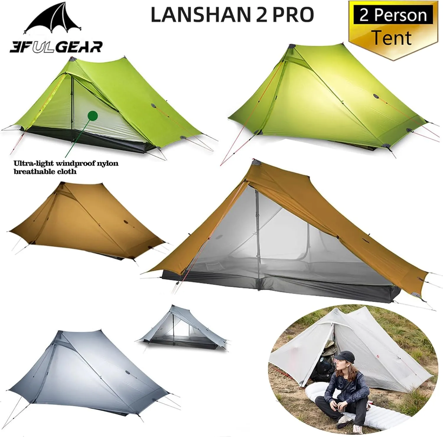 3F UL Gear Lanshan PRO Lanshan Ultralight Tent Ultralight Tent 3-Season Backpacking Tent for 1-Person or 2-Person Camping, Climbing, Hiking, Trekking, Kayaking (for 2 Person, Khaki- 3 Season)