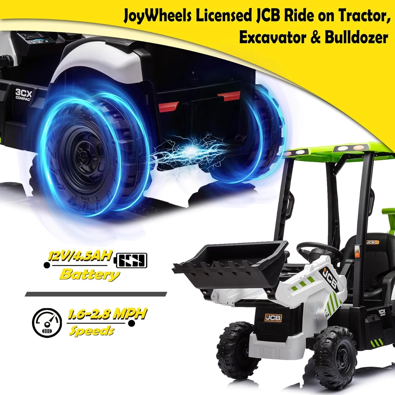 4 in 1 Ride on Tractor Truck, Excavator & Bulldozer, 12V Licensed JCB Electric Vehicle w/Front Loader, Shovel Bucket, Digger, Ceiling, Remote Control, Kids Ride on Car Toys, White