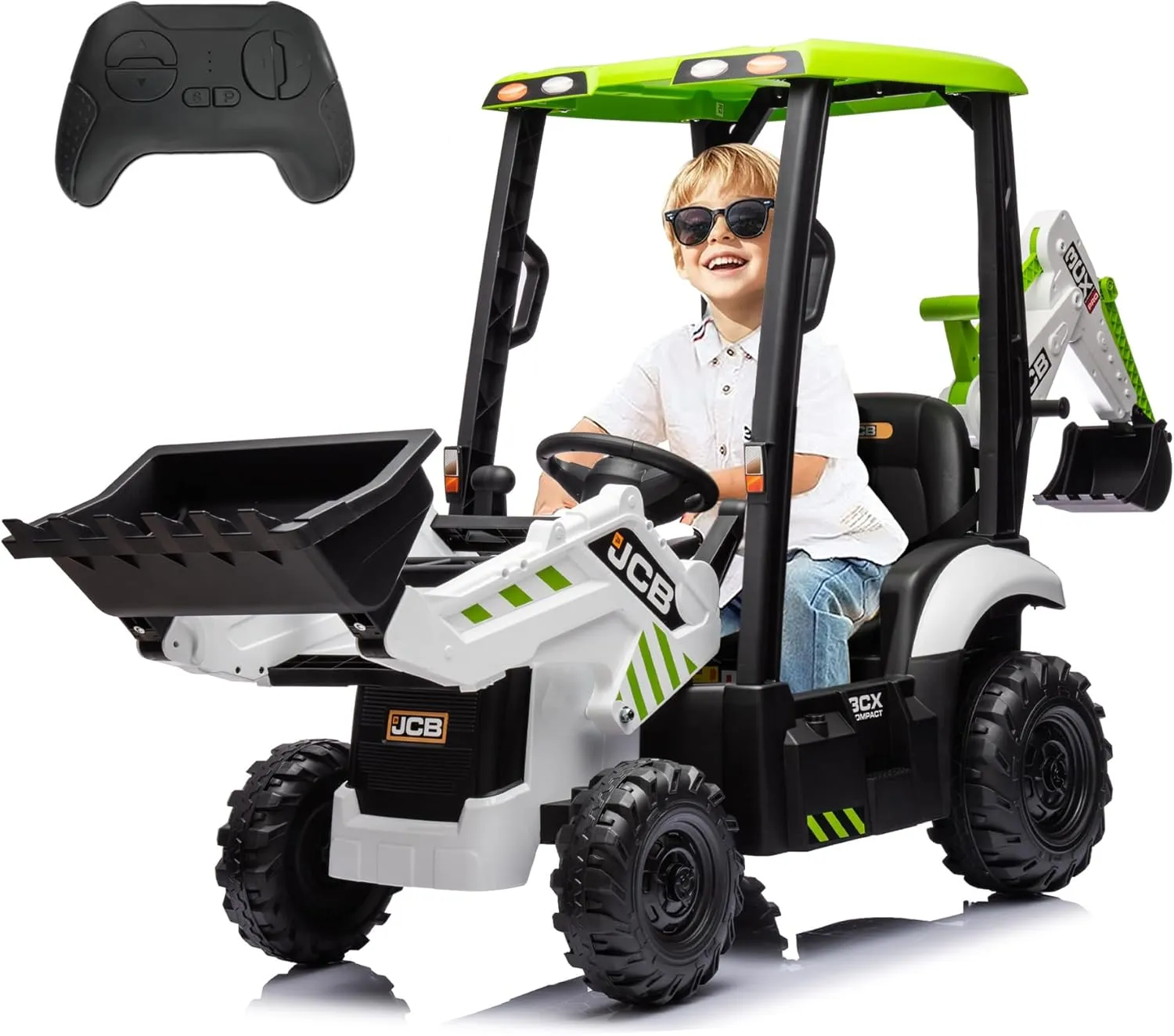 4 in 1 Ride on Tractor Truck, Excavator & Bulldozer, 12V Licensed JCB Electric Vehicle w/Front Loader, Shovel Bucket, Digger, Ceiling, Remote Control, Kids Ride on Car Toys, White