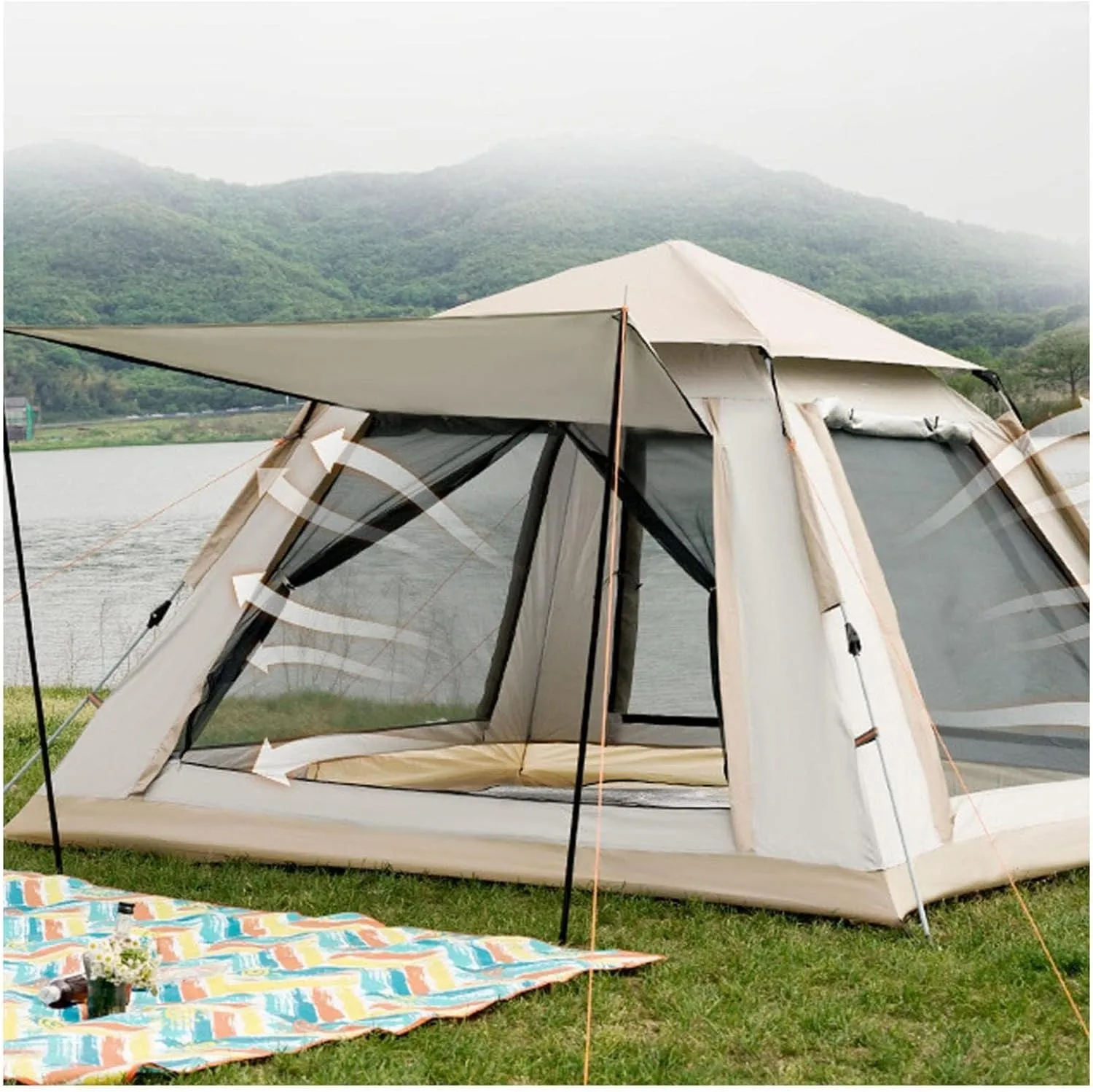 4-Man Waterproof Pop-Up Tent with Double Doors 4 Windows, Easy Setup, Ideal for Camping, Hiking, Backpacking Family Outdoor Use