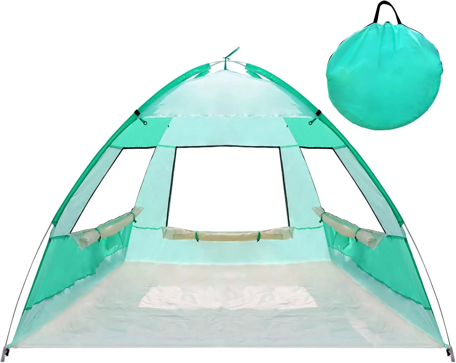 4 Person Pop Up Beach Tent, Anti-UV Beach Shelter, Easy Step Up, 3 Mesh Windows and 6 Sandy Bags, Keep Your Beach Trip Cool(Green)