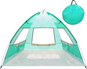 4 Person Pop Up Beach Tent, Anti-UV Beach Shelter, Easy Step Up, 3 Mesh Windows and 6 Sandy Bags, Keep Your Beach Trip Cool(Green)