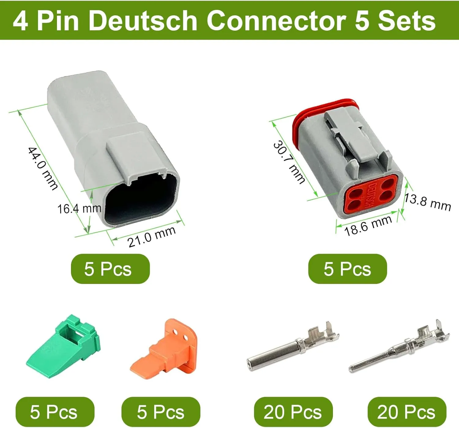4 Pin Deutsch Connector Kit 5 Sets, Gray DT Connector Kit, 4 Pin Automotive Waterproof Wire Connectors, Electrical Connectors Kit with 16# Stamped Contacts for Car, RV, Truck Wiring 22-16AWG