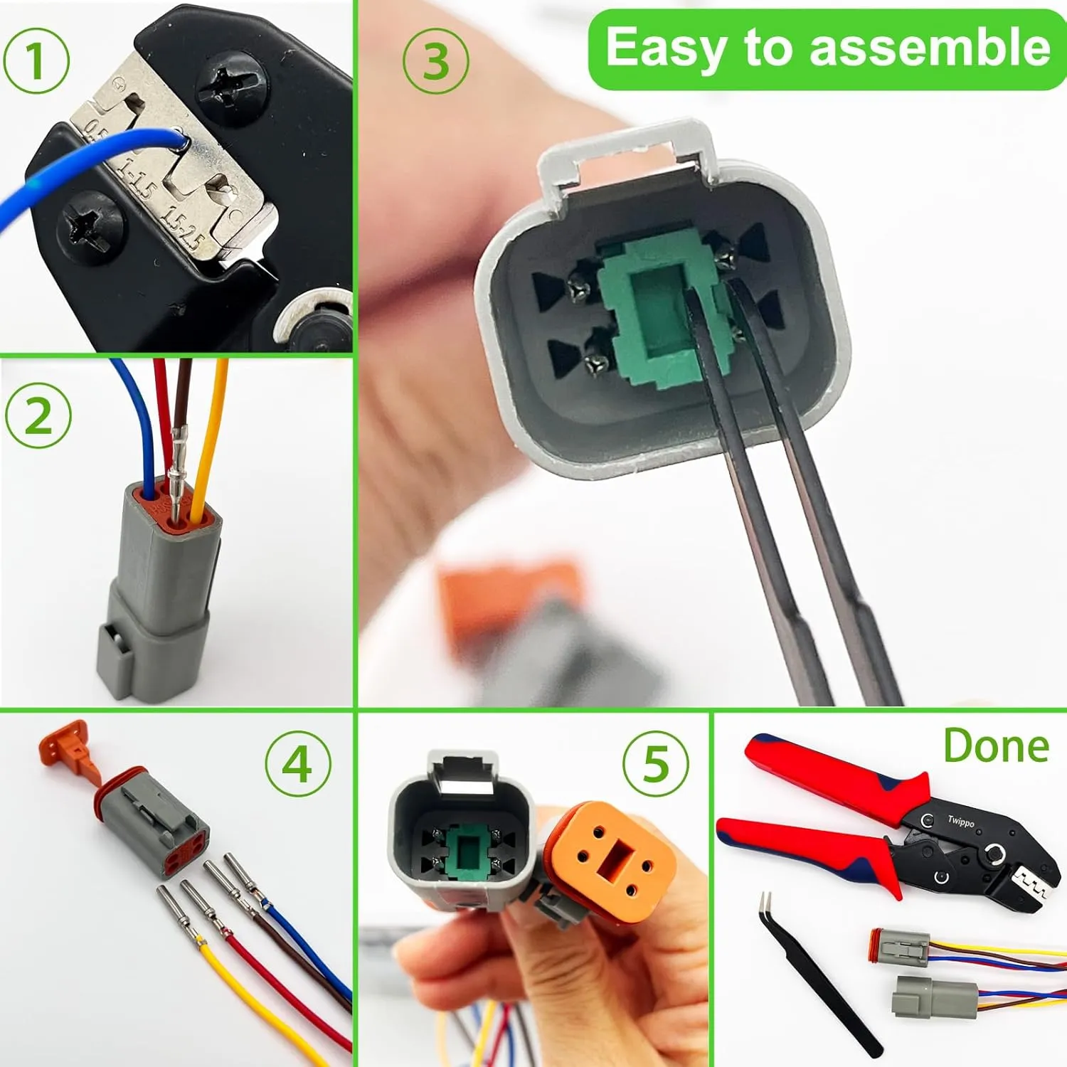 4 Pin Deutsch Connector Kit 5 Sets, Gray DT Connector Kit, 4 Pin Automotive Waterproof Wire Connectors, Electrical Connectors Kit with 16# Stamped Contacts for Car, RV, Truck Wiring 22-16AWG