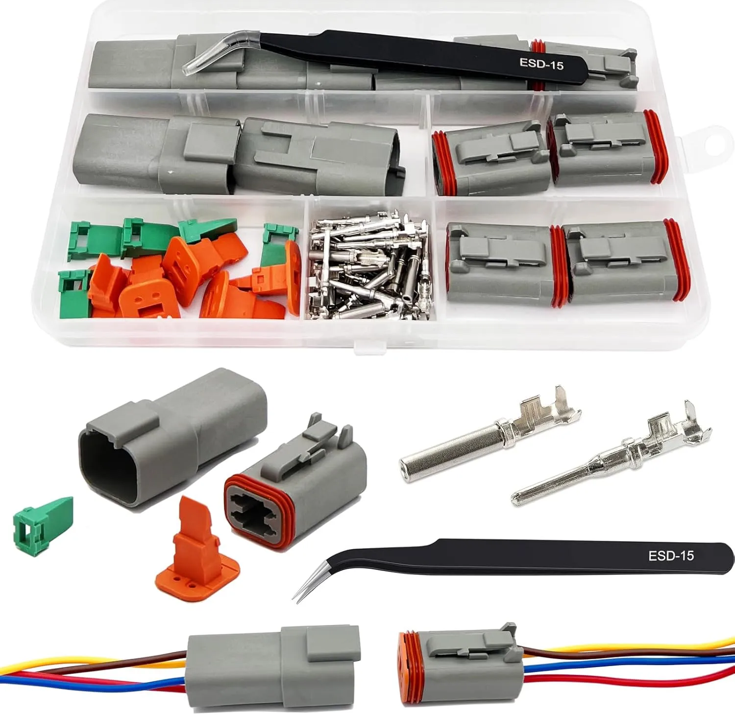 4 Pin Deutsch Connector Kit 5 Sets, Gray DT Connector Kit, 4 Pin Automotive Waterproof Wire Connectors, Electrical Connectors Kit with 16# Stamped Contacts for Car, RV, Truck Wiring 22-16AWG
