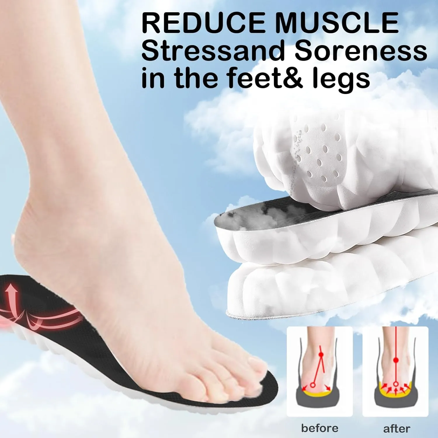4D Men's Cloud Insoles - Anti-Fatigue, Shock Absorption, Foot Pain Relief - Step Insoles - U-Shaped Memory Foam Insoles (Black, Men: US 7-11.5)