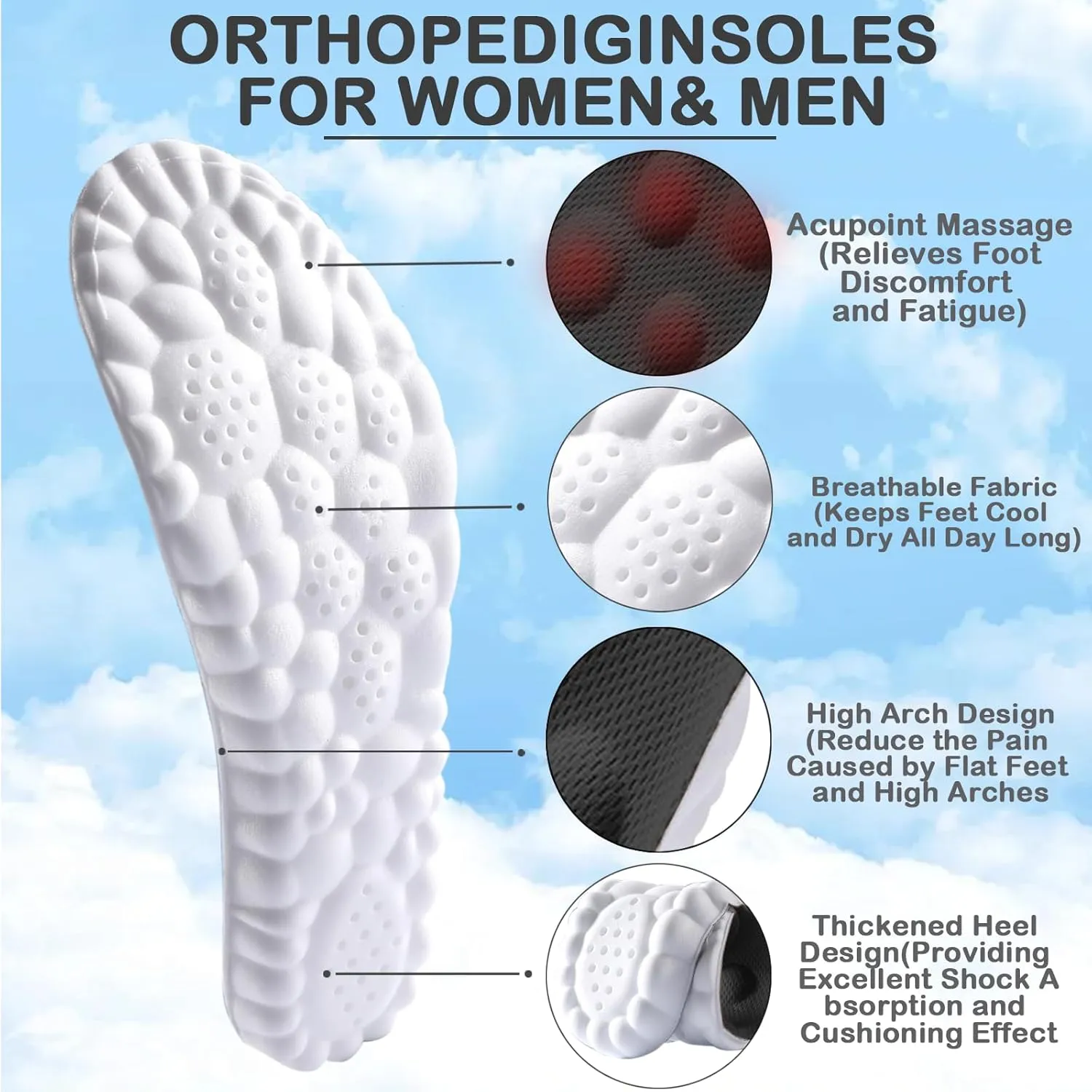 4D Men's Cloud Insoles - Anti-Fatigue, Shock Absorption, Foot Pain Relief - Step Insoles - U-Shaped Memory Foam Insoles (Black, Men: US 7-11.5)