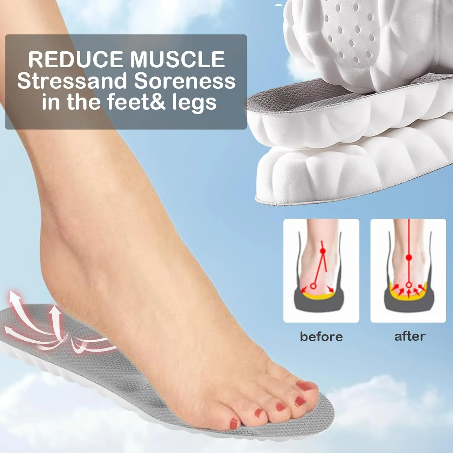 4D Women's Cloud Insoles - Anti-Fatigue, Shock Absorption, Foot Pain Relief - Women's Step - U-Shaped Memory Foam Insoles (Gray, Women: US 4-9)
