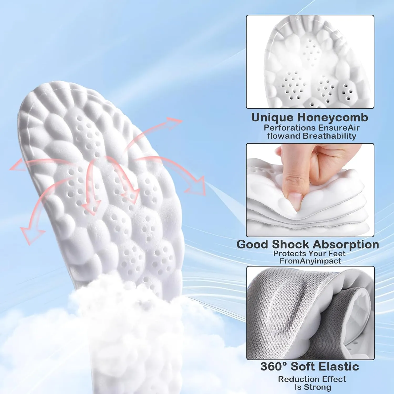 4D Women's Cloud Insoles - Anti-Fatigue, Shock Absorption, Foot Pain Relief - Women's Step - U-Shaped Memory Foam Insoles (Gray, Women: US 4-9)