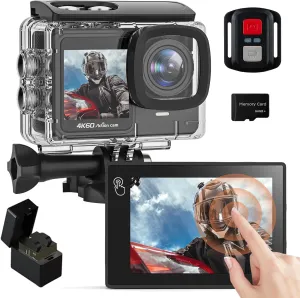 4K 60FPS Touchscreen Action Camera, Waterproof Camera with 64GB SD Card 8X Zoom 24MP Underwater Camera 131FT Sports Cameras 170° WIFI Cameras with 2*1350mAh Batteries Helmet Accessories Kit