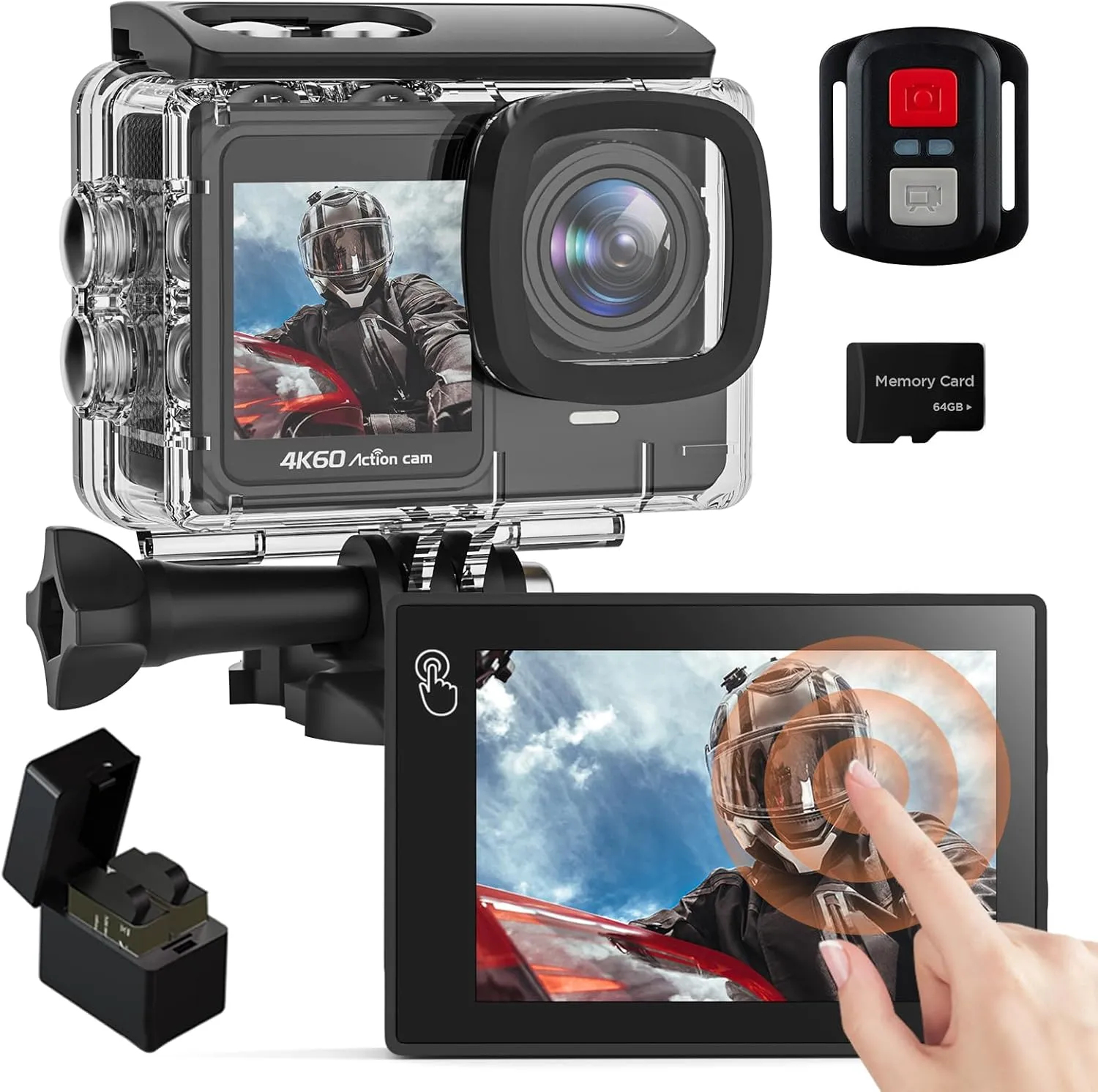4K 60FPS Touchscreen Action Camera, Waterproof Camera with 64GB SD Card 8X Zoom 24MP Underwater Camera 131FT Sports Cameras 170° WIFI Cameras with 2*1350mAh Batteries Helmet Accessories Kit