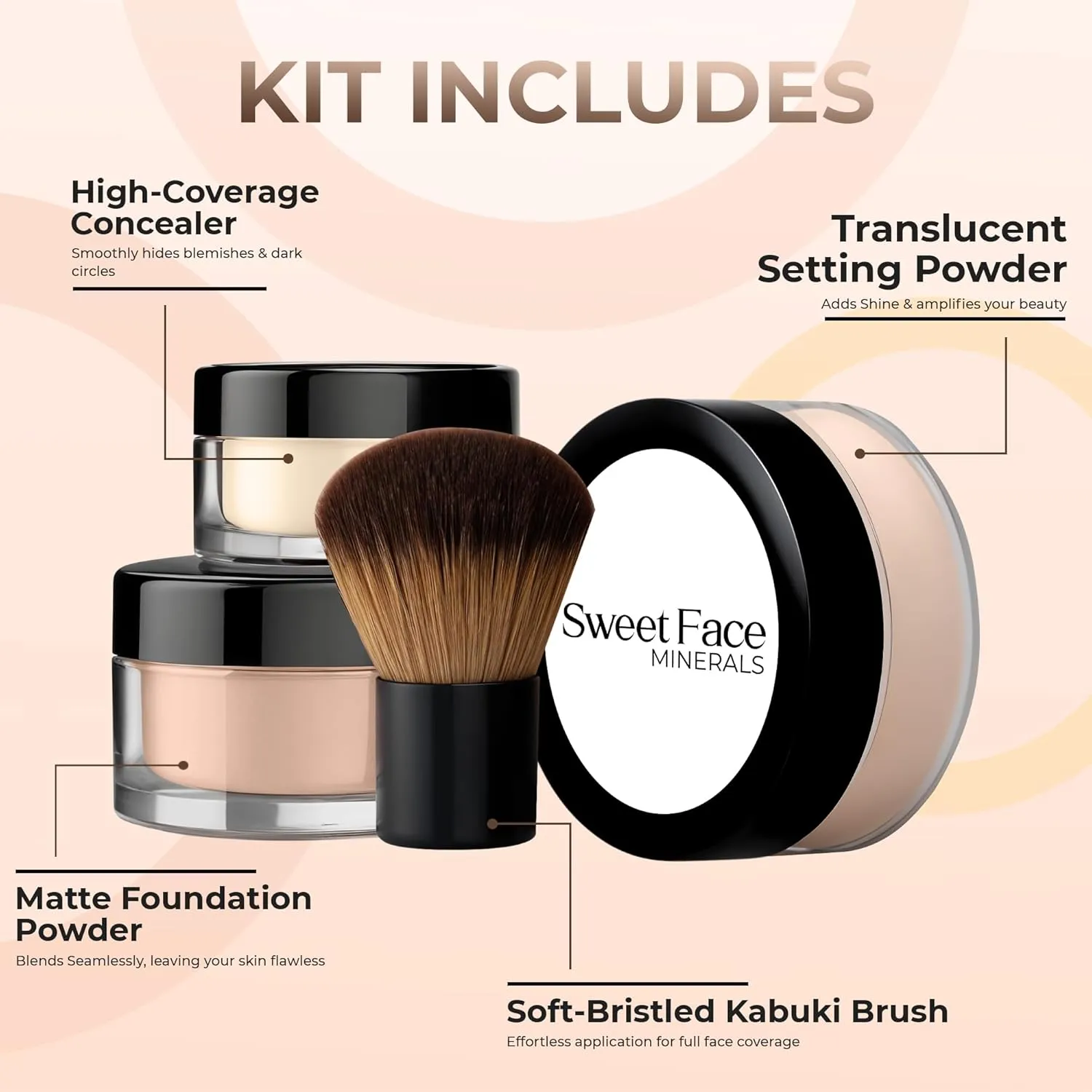 4pc Full Size Kit (Light) Mineral Makeup Matte Translucent Loose Foundation   Kabuki Brush   Concealer   Finishing Setting Powder   Bare Face Full Coverage SPF 30 All Skin Types Waterproof